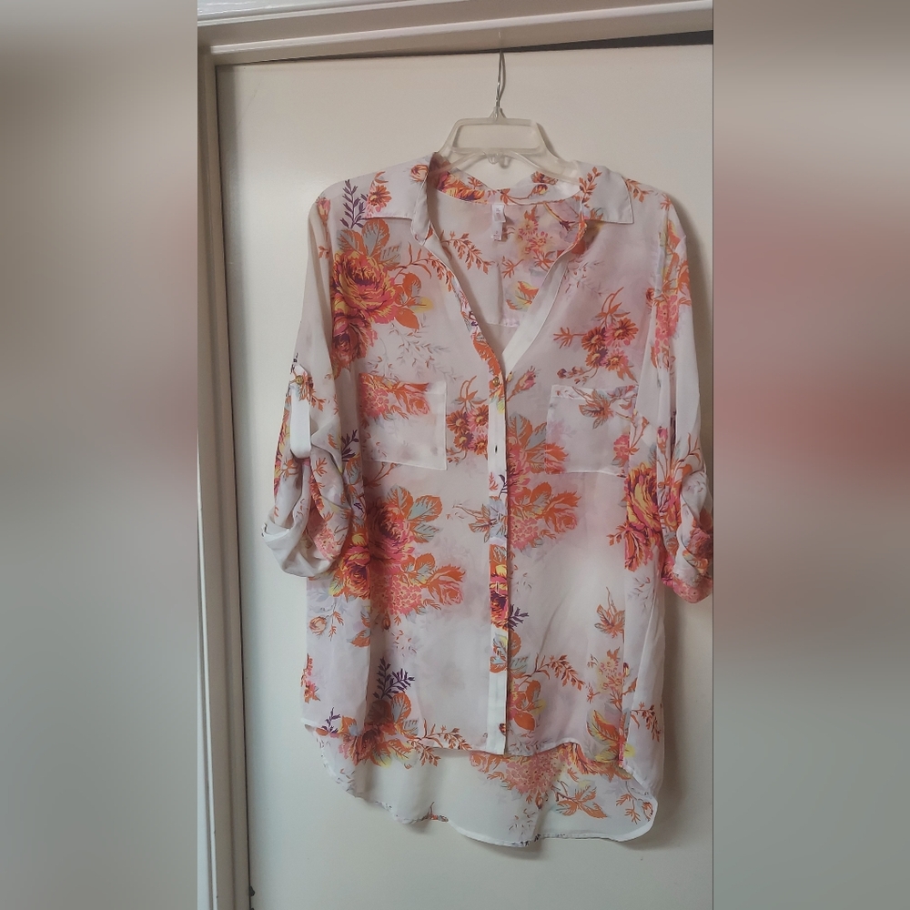 Xhilaration Floral Sheer Blouse - Orange and Pink